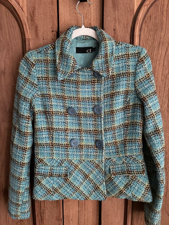 Dynamite Jackets & Blazers - Vintage Dynamite Teal Blue Plaid Tweed Double Breasted Jacket Coat
